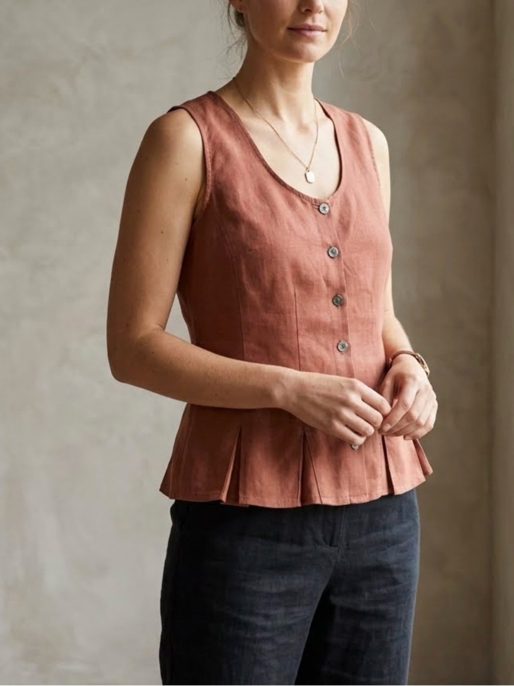 J.Jill Terracotta 100% Linen Button Up Peplum Vest Top - Size S 0346